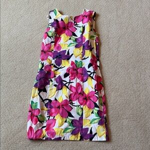 Floral sleeveless shift dress w back zipper, V back w detachable bow. Size 1314